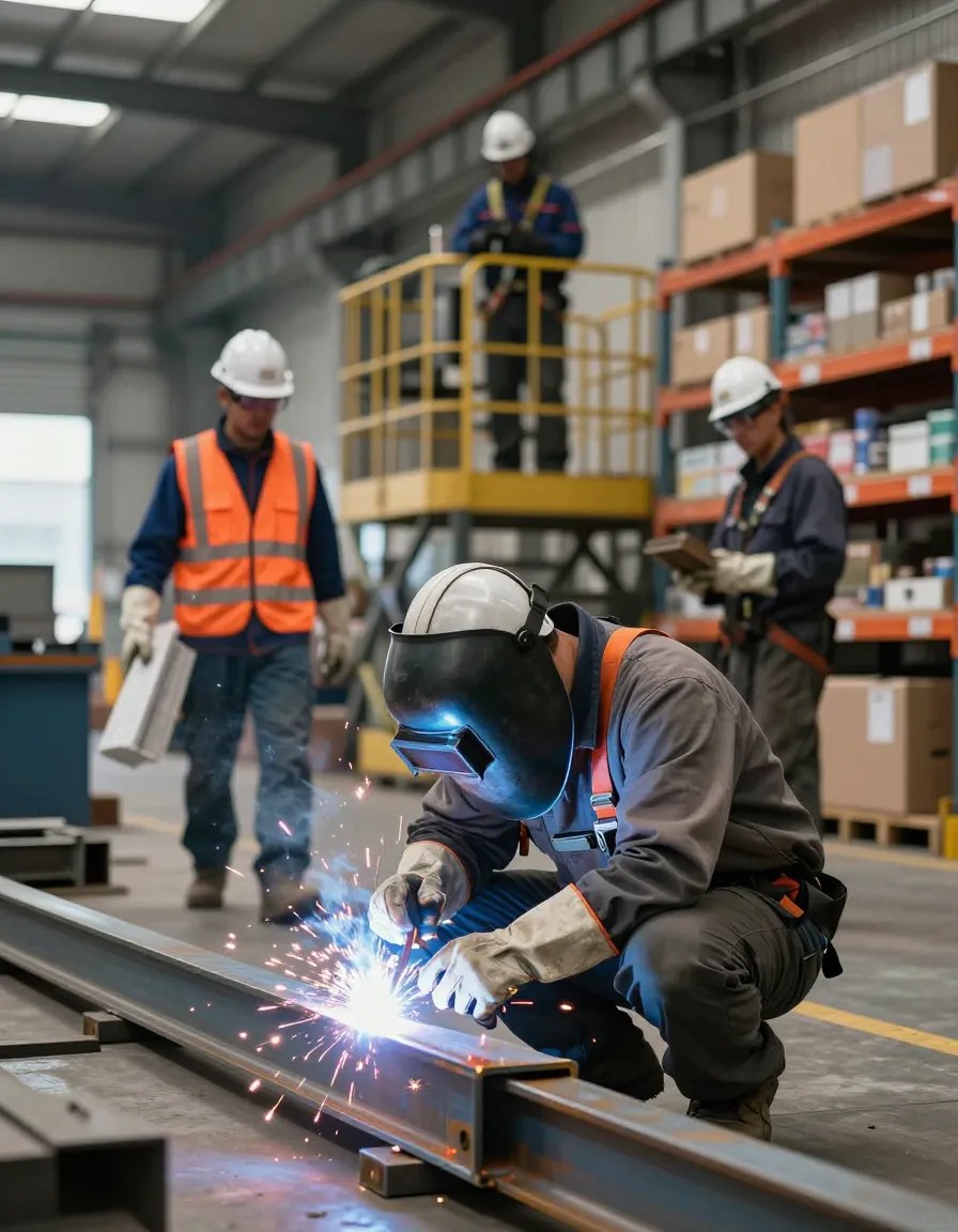 Operarios trabajando con EPIs en una nave industrial: soldadura, alta visibilidad, arnés y almacén