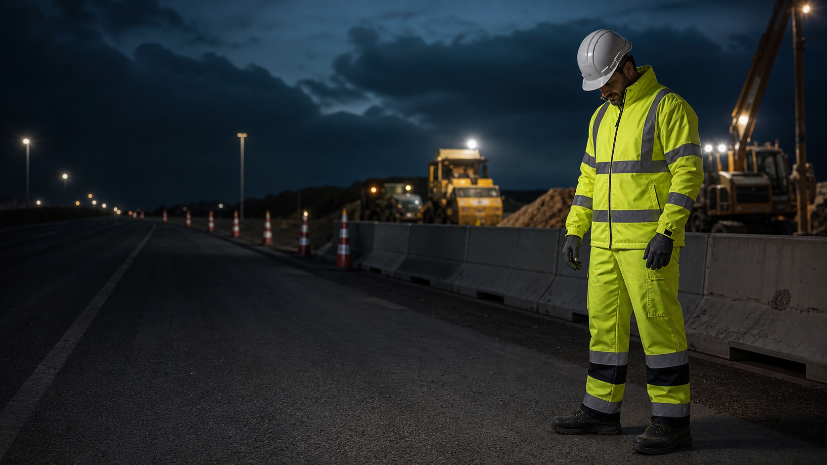 Profesional con conjunto amarillo de alta visibilidad en una zona de obras separada