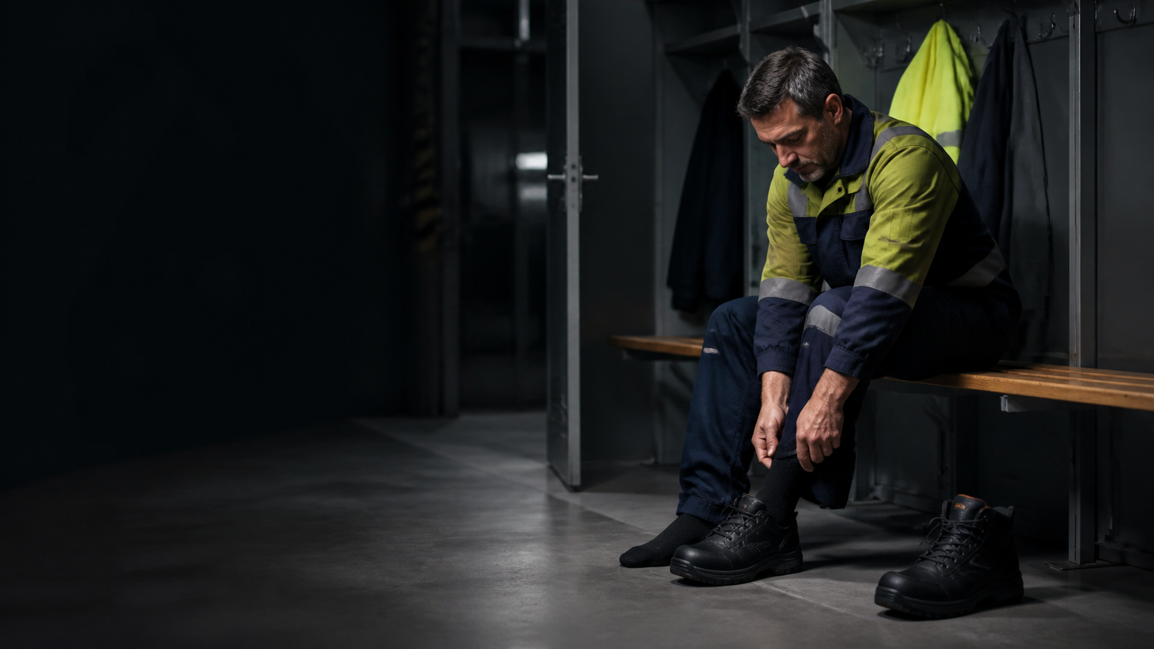 Trabajador comprobando el ajuste de un zapato de seguridad al final de la jornada