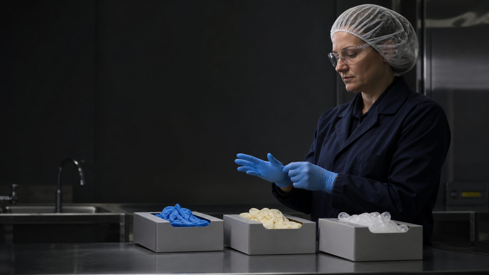 Profesional seleccionando guantes desechables de la talla correcta antes de una tarea