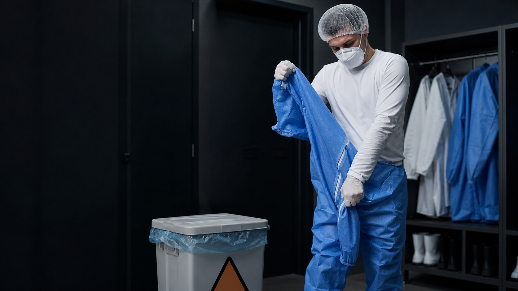 Profesional retirando de forma controlada una prenda desechable en una zona preparada