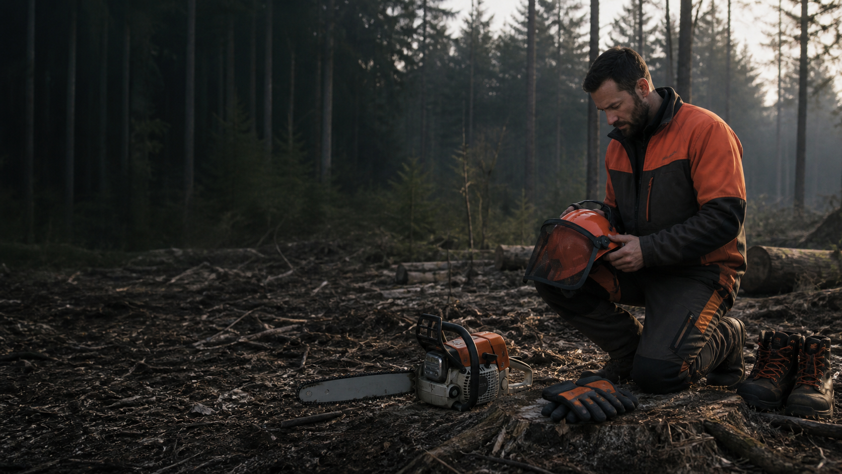 Profesional forestal inspeccionando su equipo antes de trabajar con motosierra