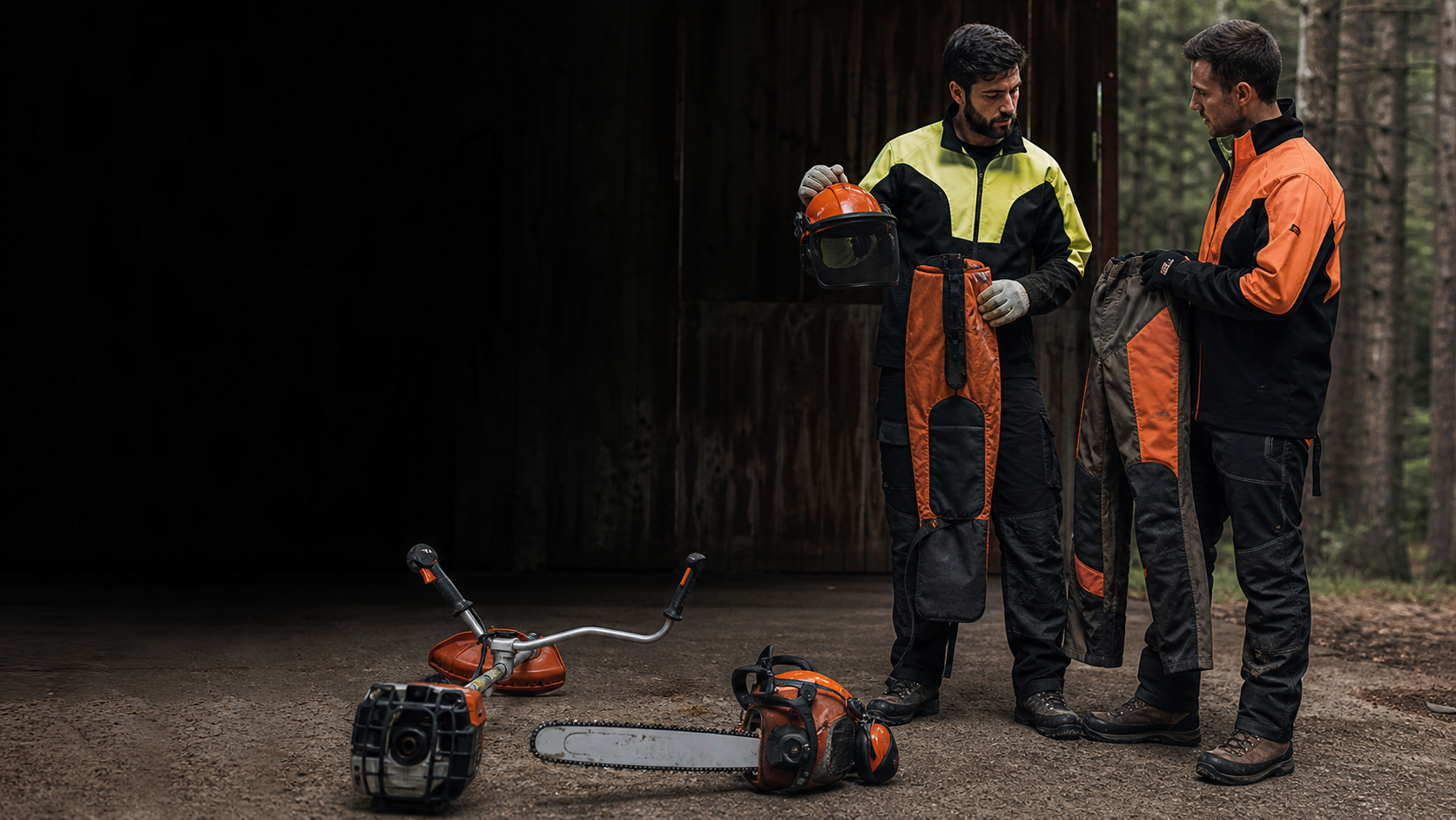 Profesionales comparando equipos para motosierra y desbroce antes del trabajo