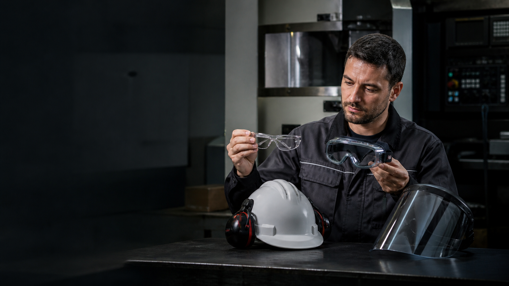 Profesional comparando gafas, gafas integrales y pantalla facial en una inspección
