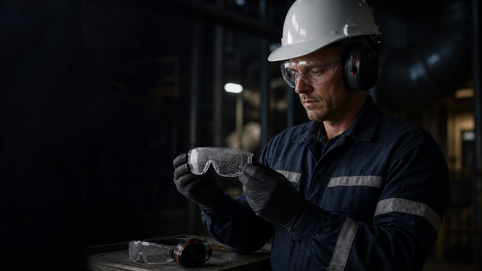 Trabajadora con gafas de seguridad bien ajustadas en un entorno industrial húmedo