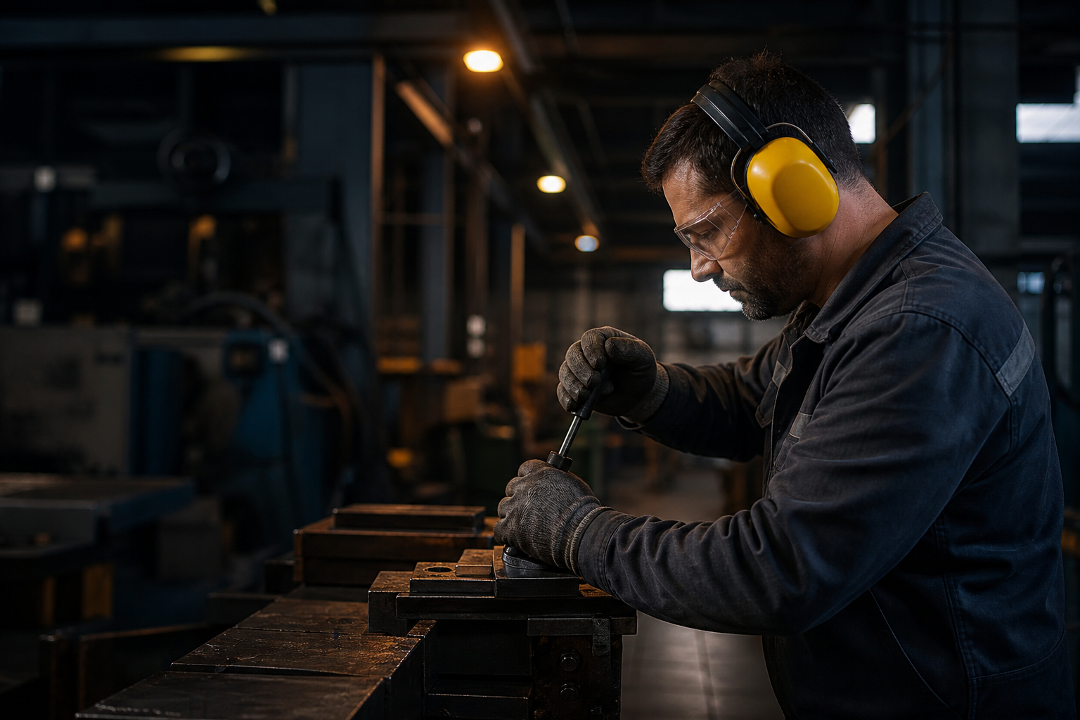 Trabajador con orejeras de protección auditiva en un taller industrial