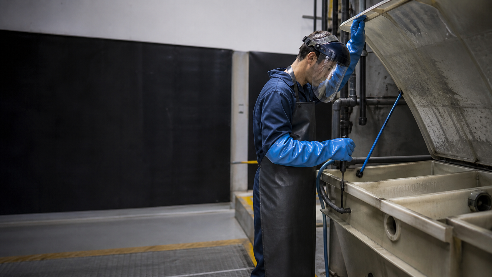 Profesional con guantes químicos de manguito extralargo trabajando junto a un depósito industrial
