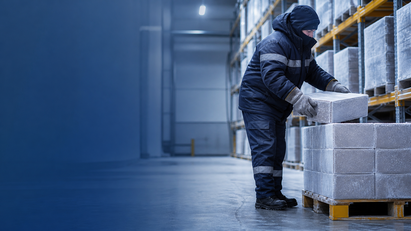 Trabajador de almacén frigorífico con guantes térmicos manipulando una caja