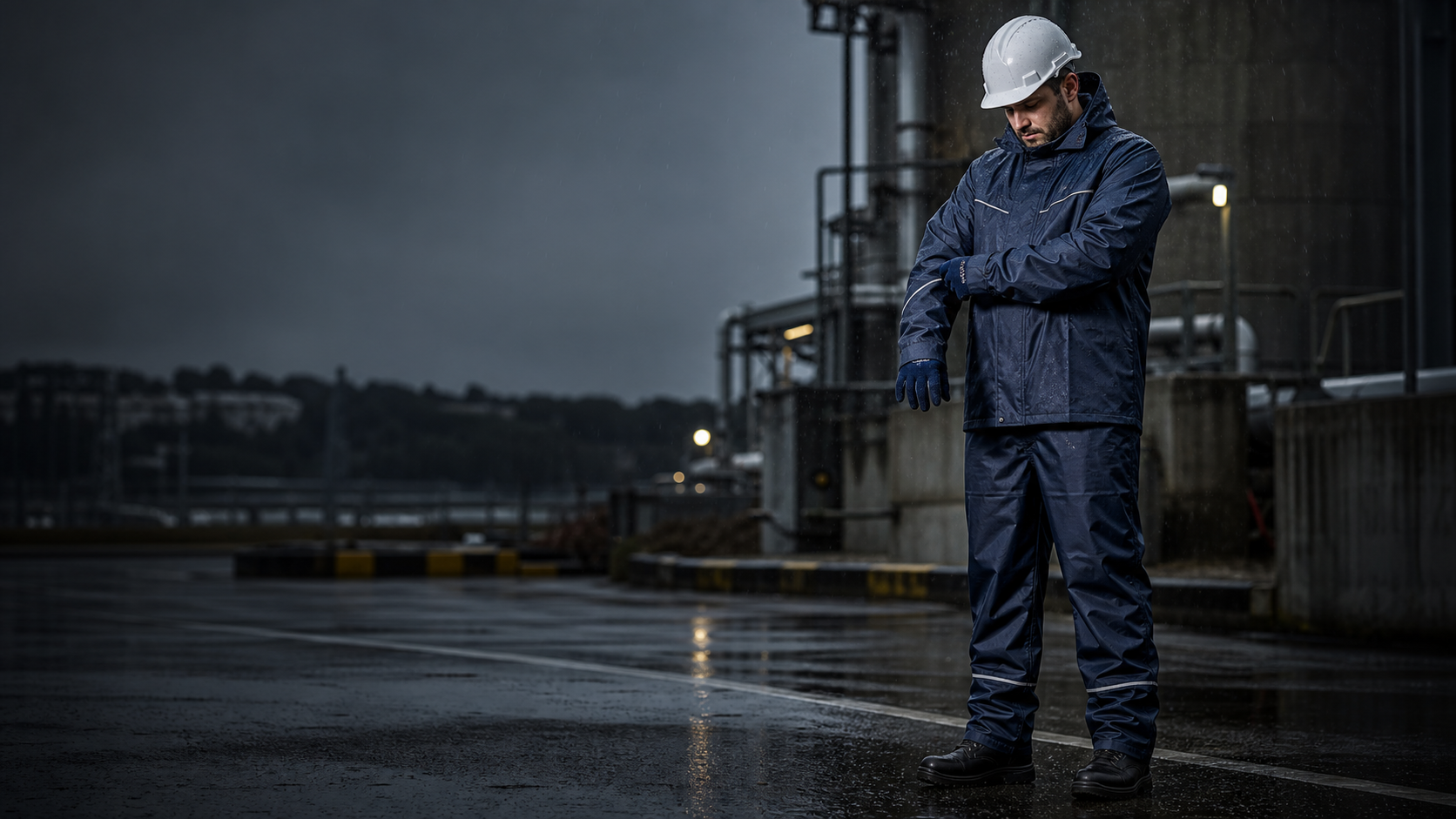 Trabajador revisando puños y solapes de un traje de lluvia industrial